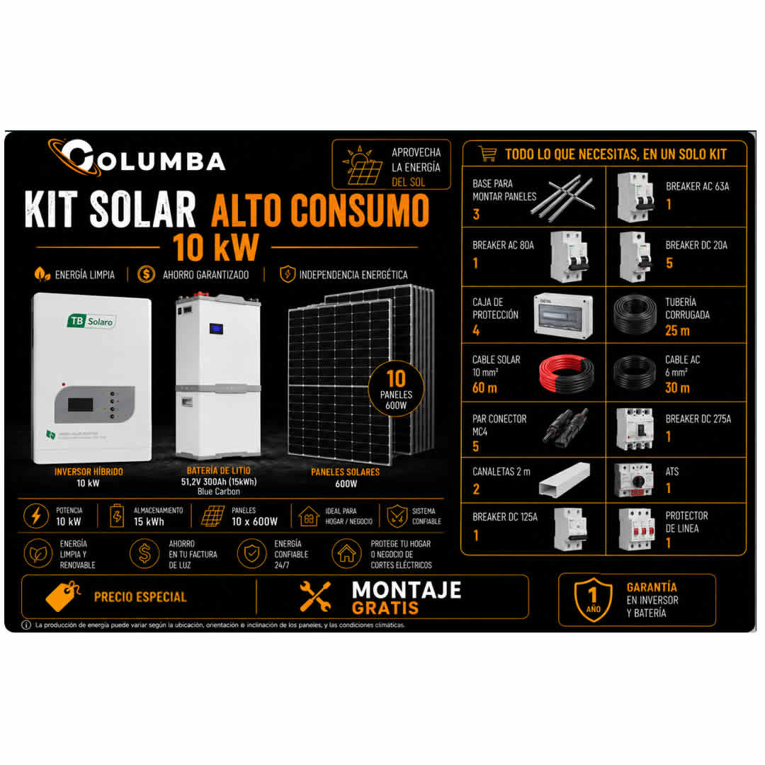 Kit Solar Alto Consumo Inversor de 10KW con 15KW de Batería