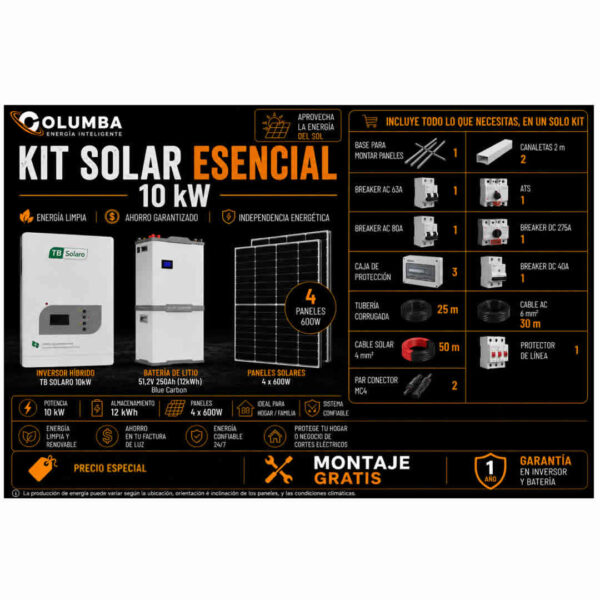 Kit Solar Esencial Inversor de 10KW con 12KW de Batería