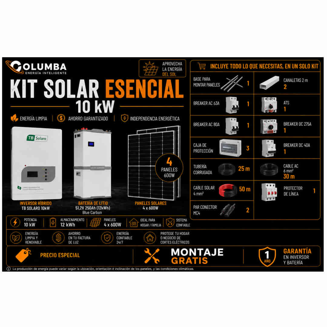 Kit Solar Esencial Inversor 10KW Batería 12KW Kit Solar Esencial con inversor de 10KW y batería de 12KW, ideal para el h...
