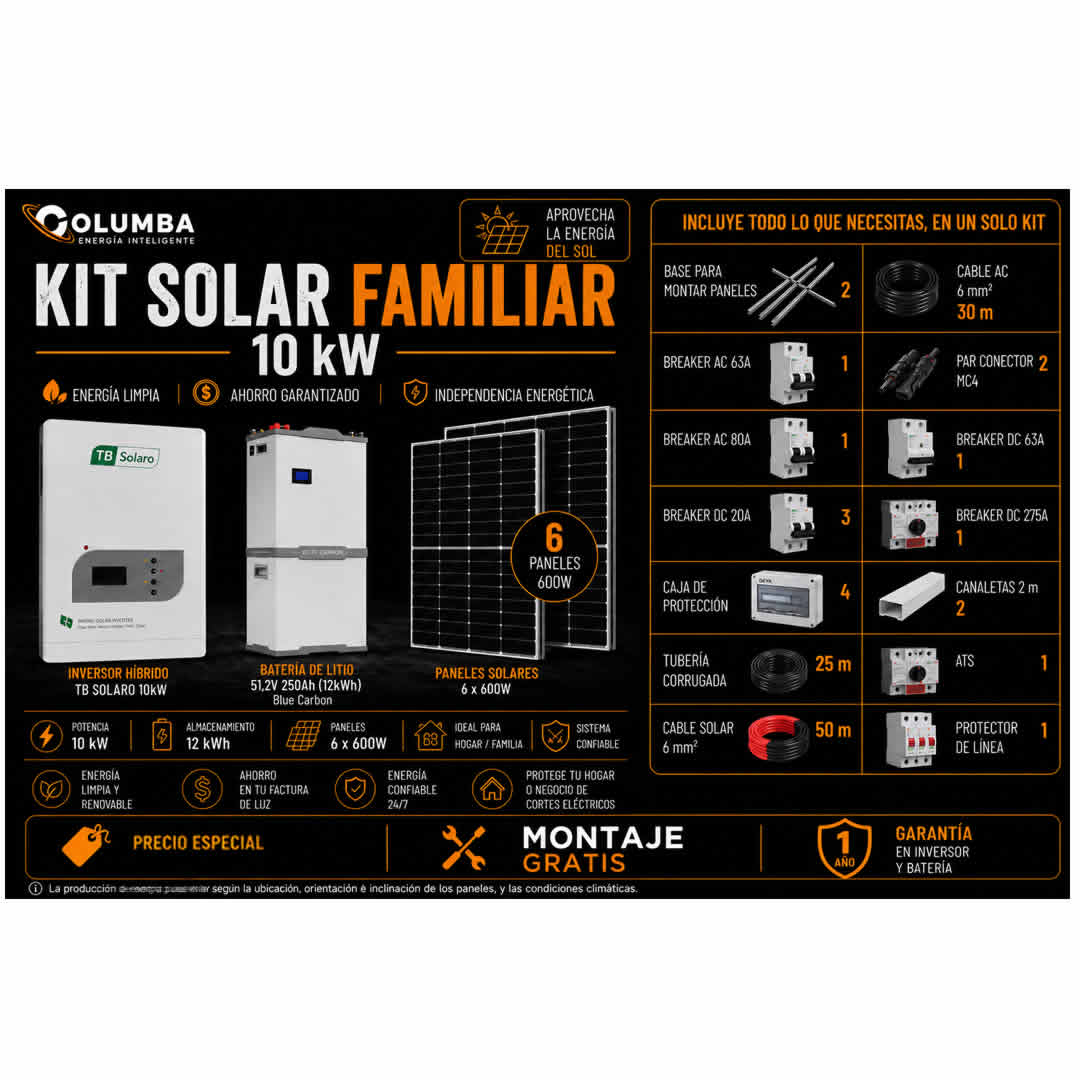 Kit Solar Familiar 10KW con Batería 12KW Kit Solar Familiar con inversor de 10KW y batería de 12KW para suministro de en...