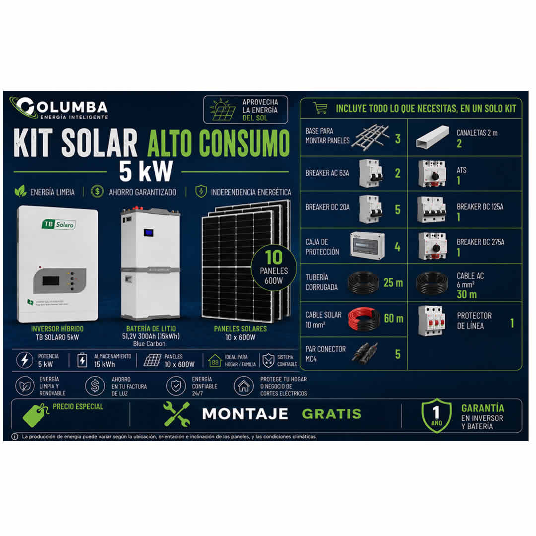 Kit Solar Alto Consumo 5KW 15KW Batería Kit Solar de alto consumo con inversor de 5KW y batería de 15KW