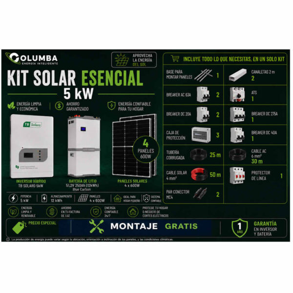 Kit Solar Esencial Inversor de 5KW con 12KW de Batería