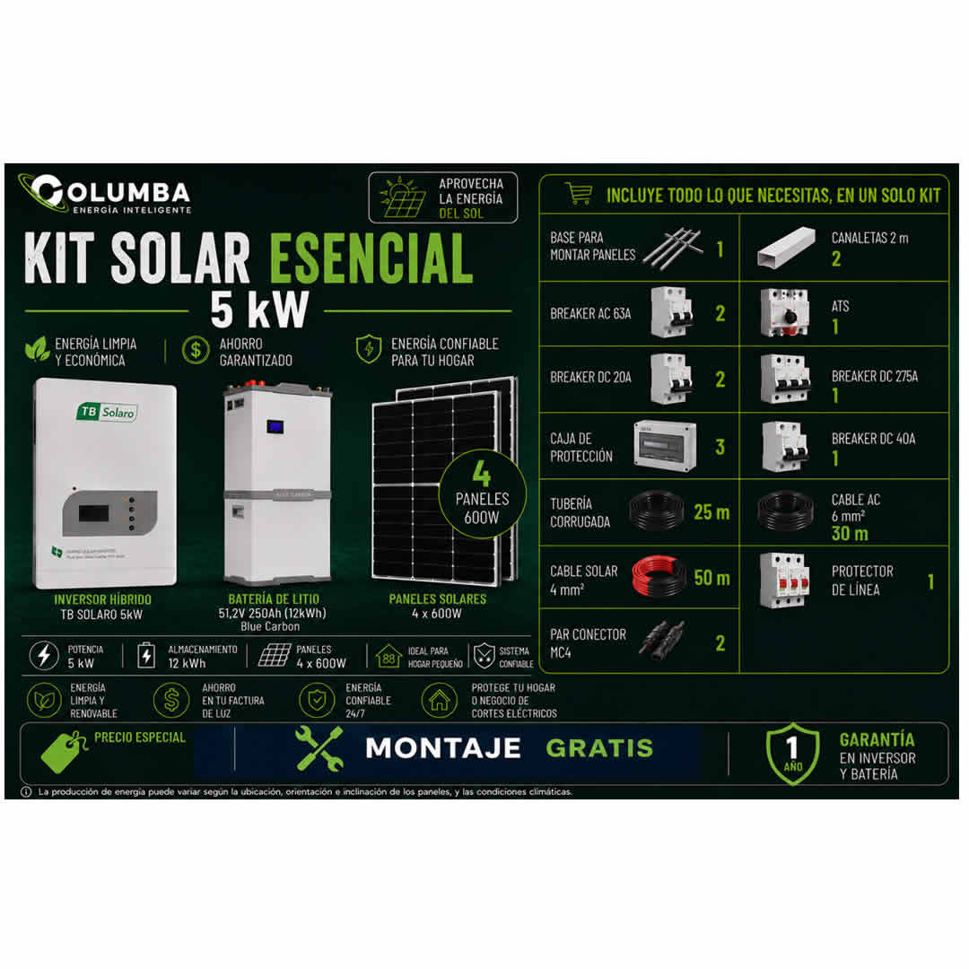 Kit Solar Esencial Inversor 5KW Batería 12KW Kit Solar Esencial con inversor de 5KW y batería de 12KW para uso doméstico