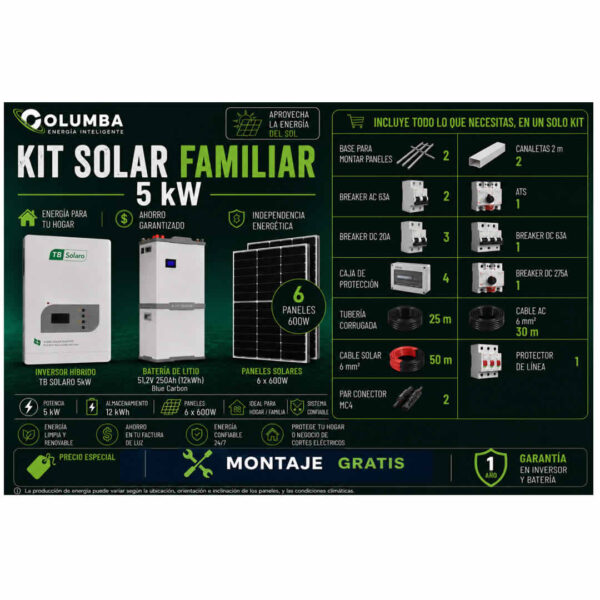 Kit Solar Familiar Inversor de 5KW con 12KW de Batería