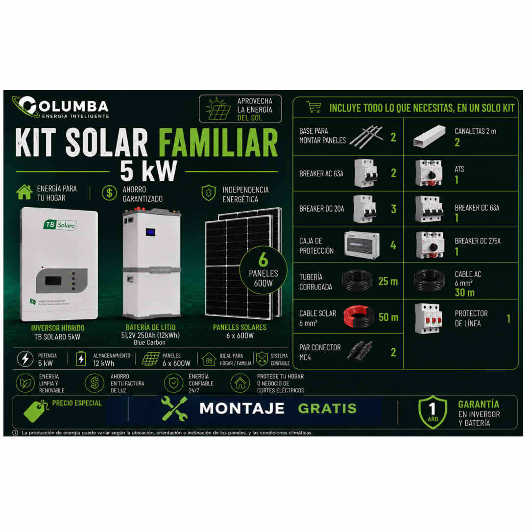 Kit Solar Familiar 5KW con Batería 12KW Kit Solar Familiar con inversor de 5KW y batería de 12KW, perfecto para la energ...